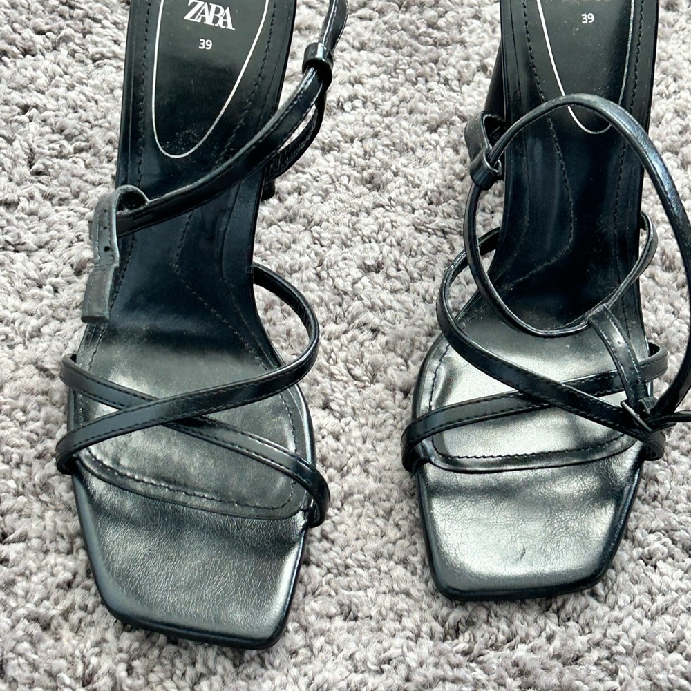 Zara Black Strappy Square-Toe Heeled Sandals